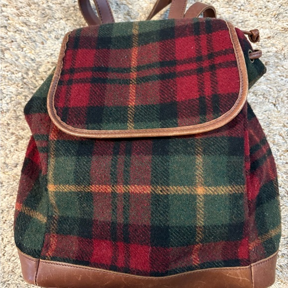 L.L. Bean Handbags - L.L. Bean Vintage Red and Green Plaid Backpack with Brown Leather